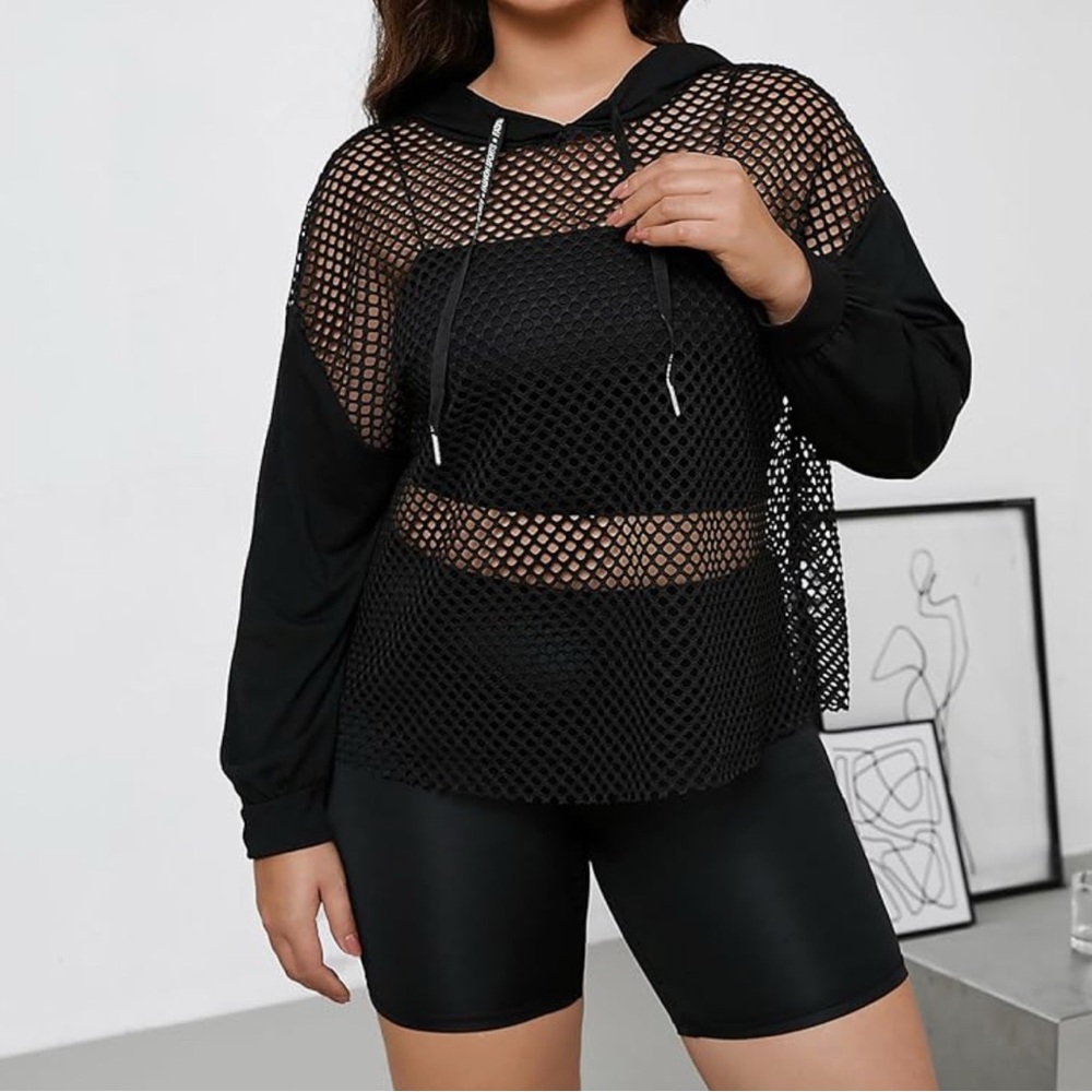 Plus Size Fishnet Hoodies Long Sleeve Casual Patchwork Mesh Sheer Hooded